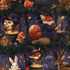 Naklejka premium Whimsical woodland witch pattern with foxes, owl, rabbit, deer, mushrooms, magic, and stars in dark forest setting