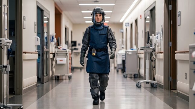 Medical personnel wearing radiation-protective clothing walk down the clinic corridor