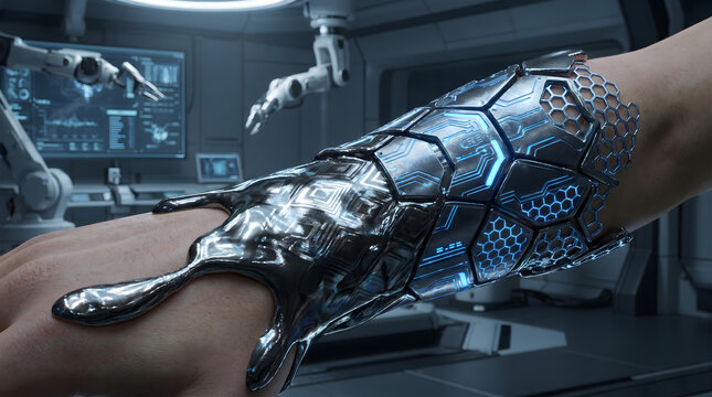 Futuristic liquid metal exoskeleton being integrated onto human arm in high-tech medical lab.