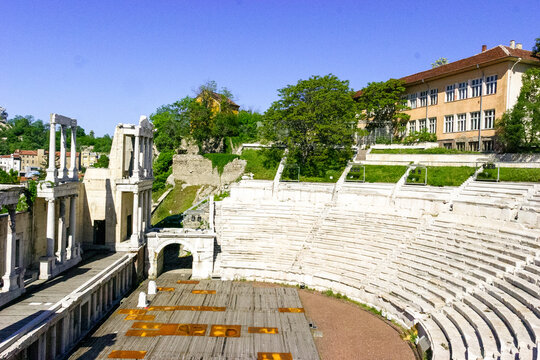 The Ancient Roman Theatre of Philippopolis in Plovdiv, Bulgaria, on a sunny day.