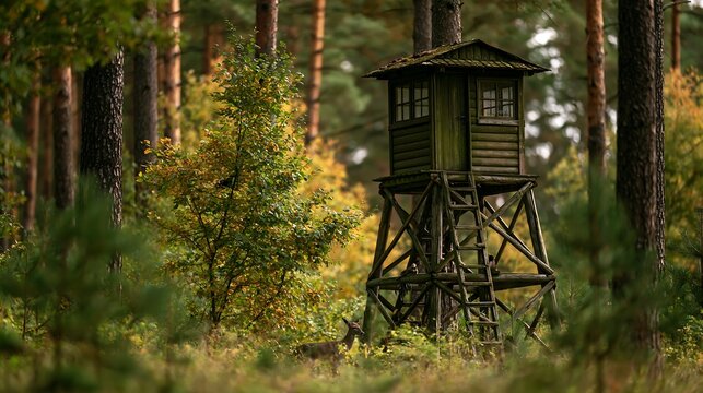 A wooden hunting stand sits in the forest isolated on transparent background. This rustic structure represents wildlife management and outdoor hunting sports.