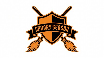 Fototapeta premium Vintage emblem design featuring crossed brooms and a shield with spooky script text