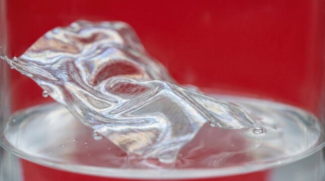 Synthetic biohacking implant floating in sterile liquid. Biocompatible hydrogel membrane on a vibrant red background.