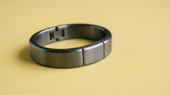 Sleek metallic biohacking tracker bracelet resting on a solid surface. Minimalist wearable technology concept for health optimization.
