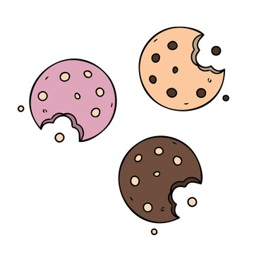 Chocolate chip cookies set with bitten round biscuits, hand drawn collection for bakery branding packaging menus and labels