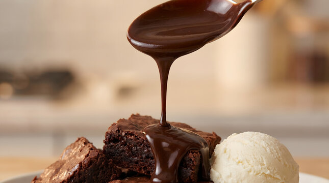 Rich chocolate syrup pouring from a spoon onto fudge brownies and vanilla ice cream scoop