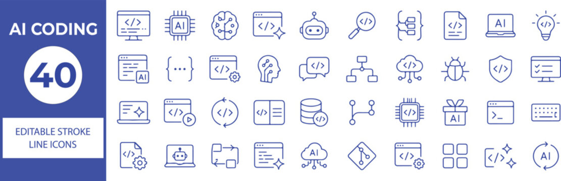 40 AI Coding Vector Outline Icons Set &ndash; Artificial Intelligence, Programming, Software Development, Machine Learning, Code and Developer Technology Line Symbols Collection