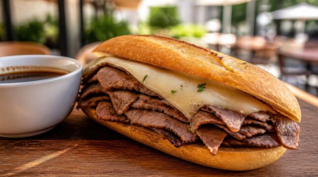 Delectable French Dip Sandwich Showcasing Layers of Seasoned Beef and Cheese 20260509