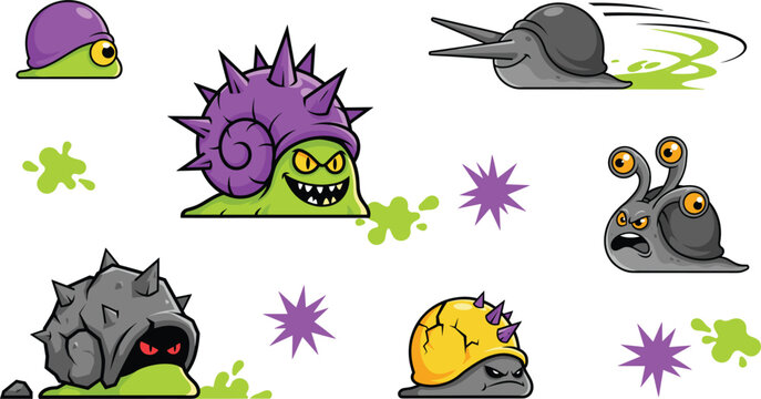 Monster Snail and Alien Slime Creature Vector Icon Set Featuring Evil Spiky Slugs and Angry Toxic Gastropods for Video Game Enemies and Sticker Designs