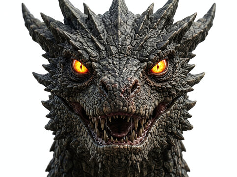 Close up portrait of a fierce fantasy dragon with glowing yellow eyes.