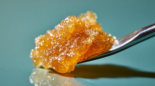 Macro cannabis extract wax on a metal dabber tool, isolated on transparent background. Useful for medicinal marijuana and recreational cannabis industry marketing.