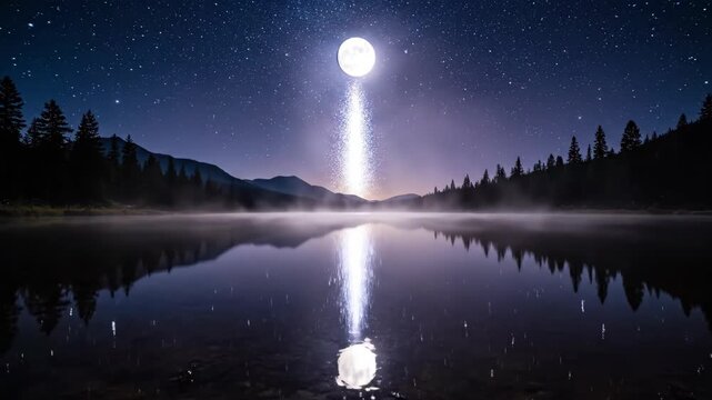 Full moon shining over a serene lake with starry night sky and forest reflection.
