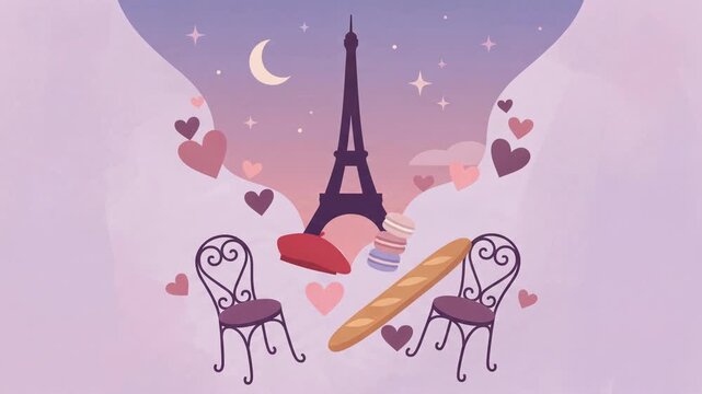 Eiffel Tower illustration with pastries and chairs in romantic Parisian setting