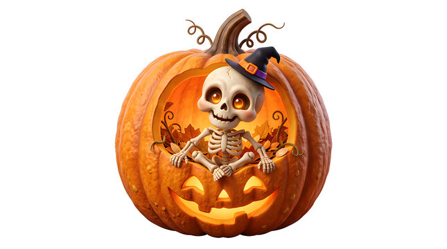 Cute Skeleton Witch Inside Glowing Jack O Lantern Pumpkin Halloween Transparent Background