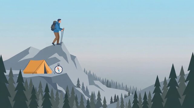Hiker standing on mountain peak with tent and compass in scenic outdoor adventure