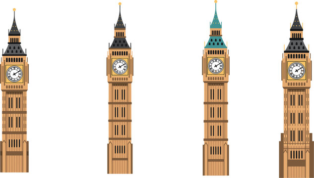 London Big Ben Elizabeth Tower Clock Vector Illustration Set Featuring Various Architectural Gothic Detailed Spire Renderings for United Kingdom Tourism Travel Graphics