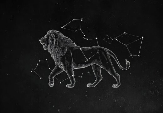 A depiction of the Leo constellation, an illustrated lion amidst connected stars on a black background