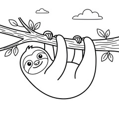 Naklejka premium Cute cartoon sloth hanging from a tree branch for a fun kids coloring page