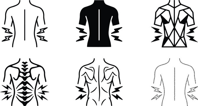 Human spine back pain vector icon set highlighting lumbar discomfort spinal injury chiropractic medical therapy and posture problem health concept
