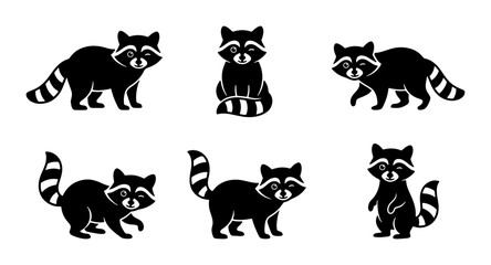 Fototapeta premium Charming Raccoon Vector Icons Set, Cute Woodland Animal Illustrations, Black and White Wildlife Character Collection, Simple Graphic Elements