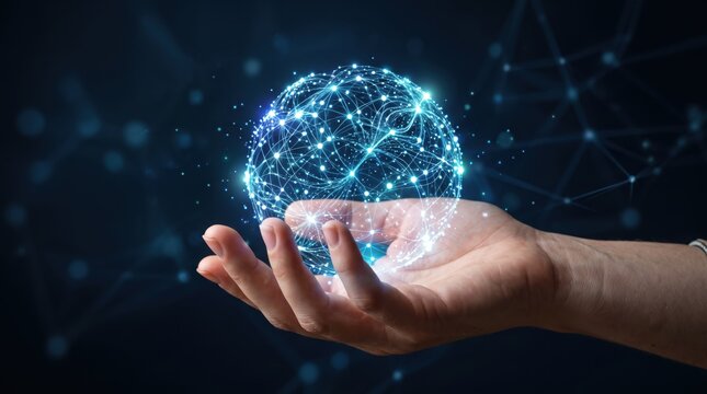 Human hand holding glowing digital network globe sphere representing global connectivity, internet of things and worldwide communication technology concept
