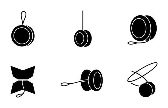 Retro Yo-Yo Toy Icons, Vintage Playtime Vector Set, Classic Entertainment Graphics, Simple Black and White Play Objects
