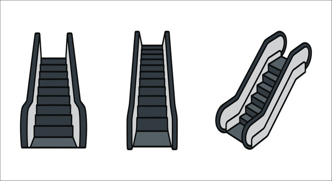 Three escalator illustrations depict different perspectives of the mechanical stairway on a white background transport