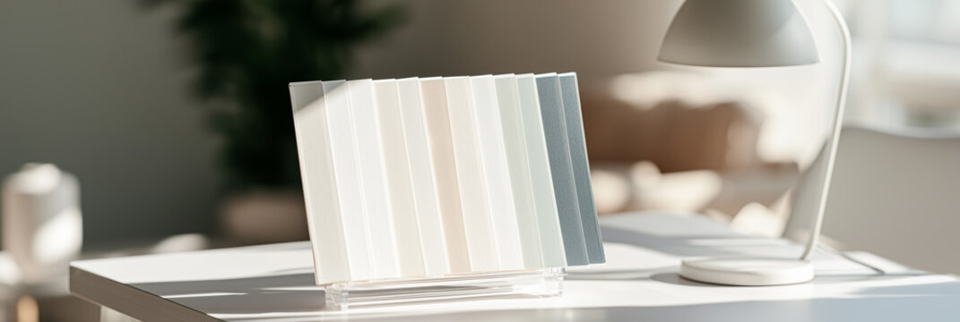 Modern ceiling paint swatches displayed on a minimalist desk with stylish lamp lighting