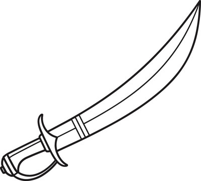 Minimalist Talwar Sword Line Art Vector Icon Featuring Curved Indian Sabre Blade with Handguard for Traditional Martial Arts, Historic Battle, and Cultural Rajput Crest Designs