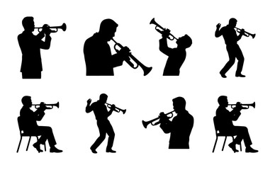 Trumpet Player Silhouettes, Jazz Musician Vector Icons, Brass Instrument Performance Set, Black and White Musical Art © Arif