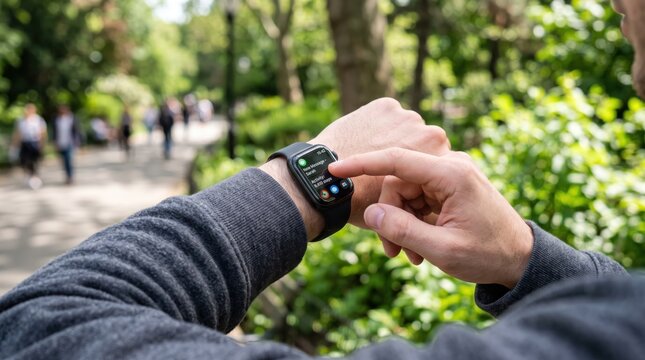 Man using smartwatch touchscreen in green park, checking notifications or fitness tracking app, wearable technology and active lifestyle, outdoor leisure and digital connectivity