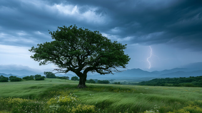 Dramatic thunderstorm striking over a solitary ancient tree in a lush green valley