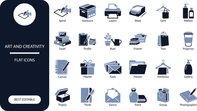 Art and creativity icons set. Solid flat vector symbols of painter, easel, palette, gallery and abstract shapes for design projects.