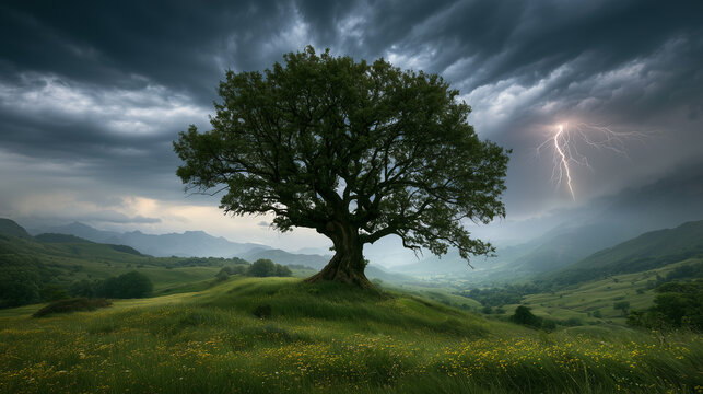 Dramatic thunderstorm striking ancient tree in lush green valley with rolling hills