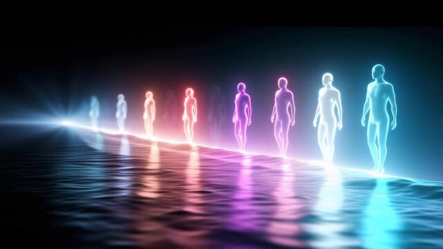 Glowing human figures in a rainbow of neon colors illuminate a dark, futuristic path, representing progress and the future of humanity. ..Created with Generative AI, not depicting real subjects.