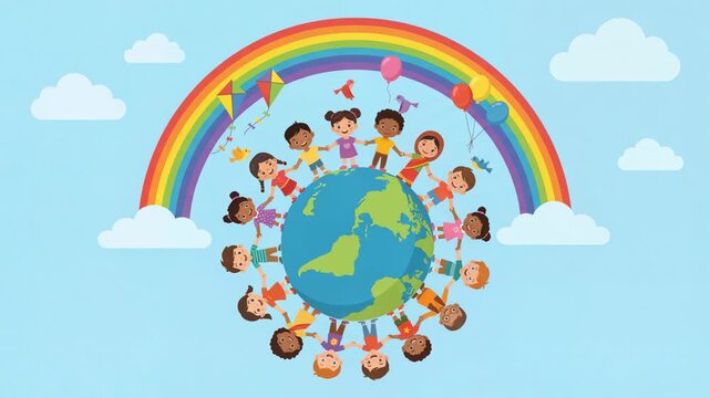 Diverse children holding hands around the globe with rainbow and balloons in a cheerful setting