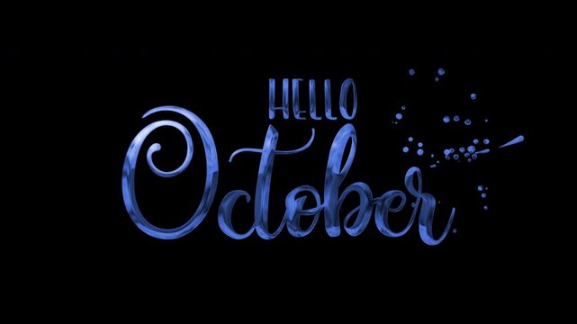 Blue glowing artistic text hello october black background sparkly neon light letters suitable for greeting cards, social media posts, and seasonal designs.