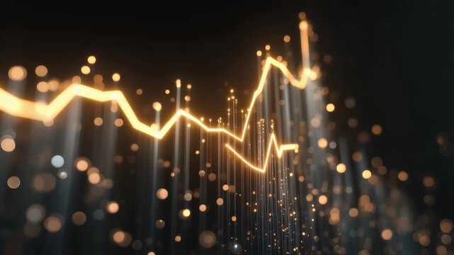 A vibrant golden glowing line graph depicting financial data or market trends ascends against a dark, bokeh-filled background. ..Created with Generative AI, not depicting real subjects.