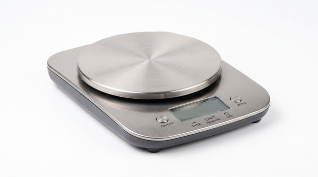 Modern digital kitchen scale with stainless steel platform on white background