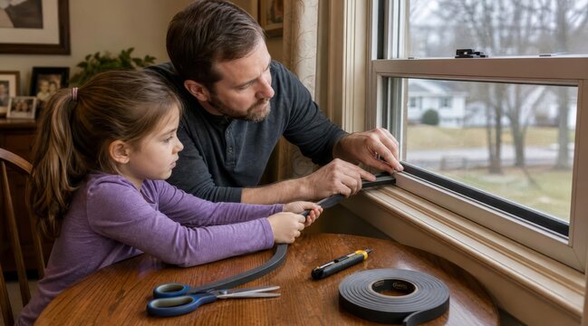 Father and daughter weather-stripping window