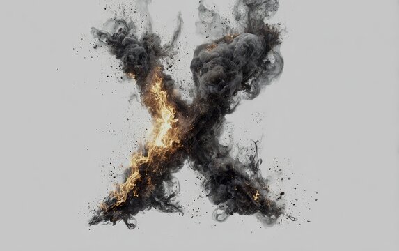 An artistic representation of the letter 'X' shaped by a fiery explosion on a plain background