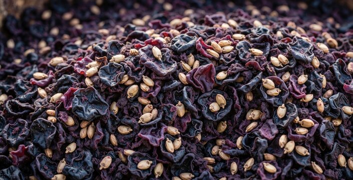 Grape pomace, leftover skins pulp and seeds, forms rich purple textured background. Wine making byproduct creates abstract organic surface for design.