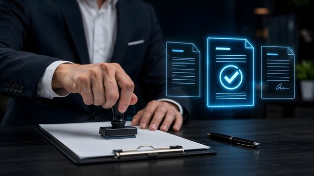 Businessman stamping a document with digital approval icons
