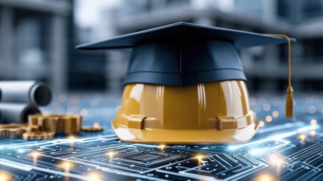 Graduation cap atop a hard hat, symbolizing the fusion of education and skilled labor. ..Created with Generative AI, not depicting real subjects.