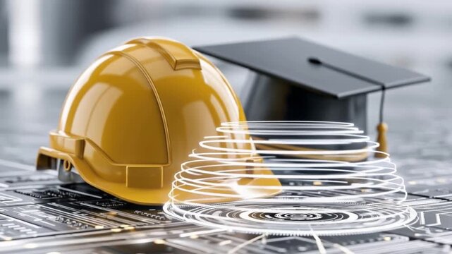 A hard hat and graduation cap symbolize the convergence of skilled labor and academic achievement. ..Created with Generative AI, not depicting real subjects.