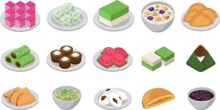 Traditional Malaysian and Indonesian Kuih Dessert Vector Icon Set Featuring Ondeh Ondeh Kuih Lapis Seri Muka Curry Puff and Southeast Asian Sweet Treats