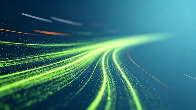 Glowing green particle light streams for digital data transmission in abstract technology style