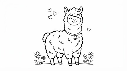 Naklejka premium Cute llama drawing with hearts and flowers for kids coloring page