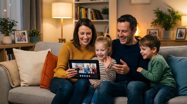 Happy family having a video call with grandparents on tablet at home