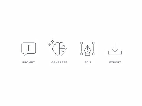 Minimalist Vector of Creative AI Icons featuring text prompt bubble with brain generation and pen tool edit plus download export isolated on a clean white background for web interface